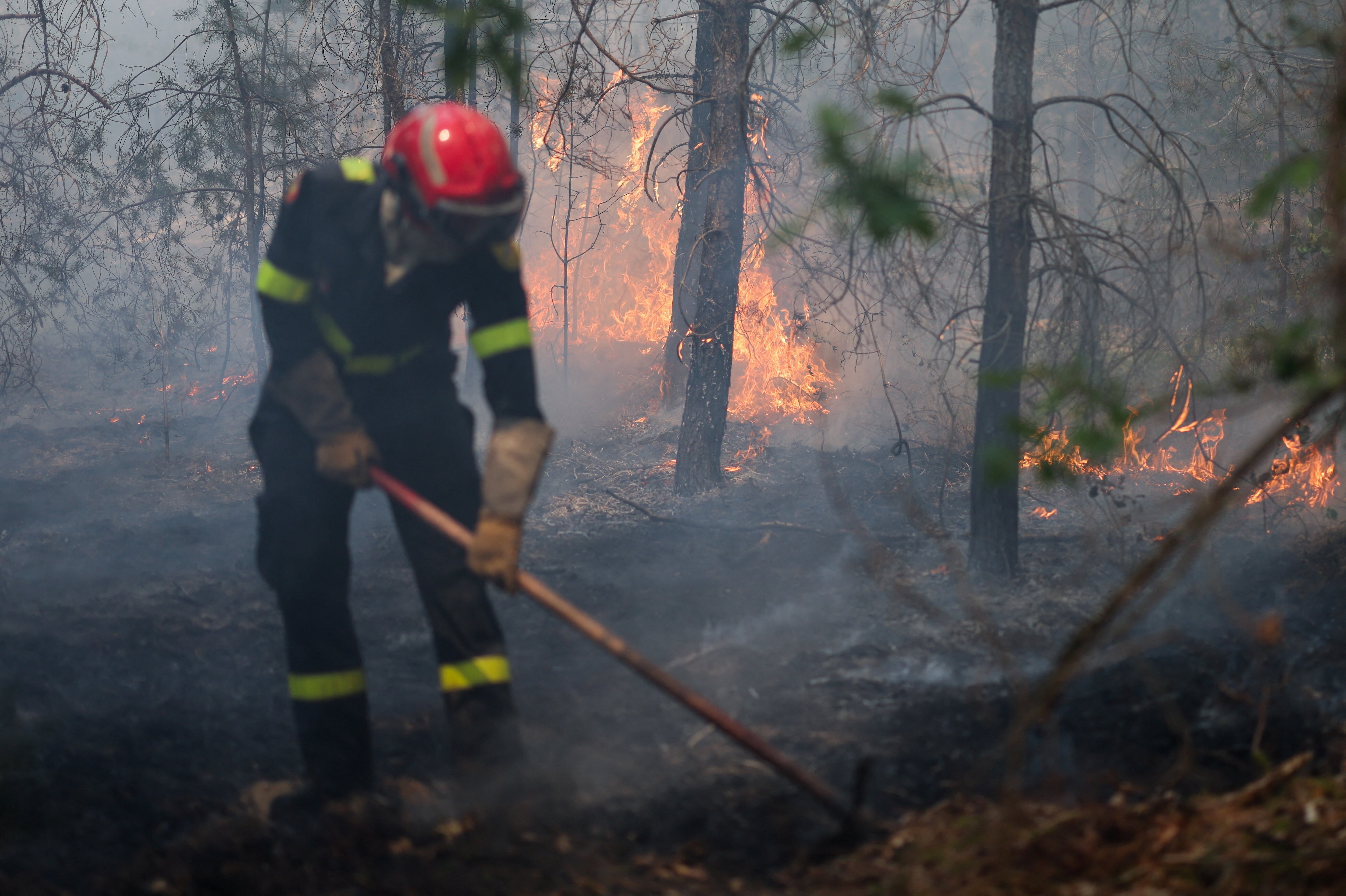 A French firefighter works to extinguish a wildfire in the Fontainebleau forest, during a heatwave affecting a large part of the country, in Le Vaudoue, France, July 14, 2026.