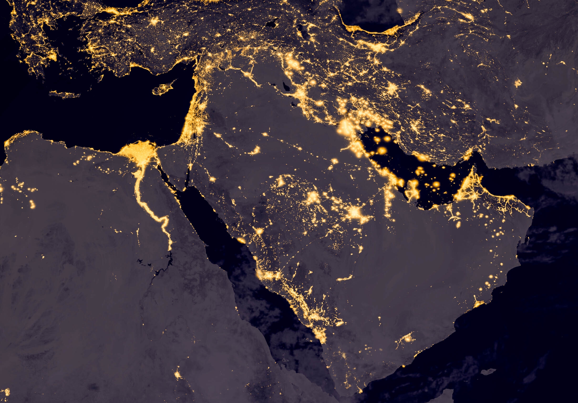 Middle east, west asia, east europe lights during night as it looks like from space. Elements of this image are furnished by NASA; strait of hormuz