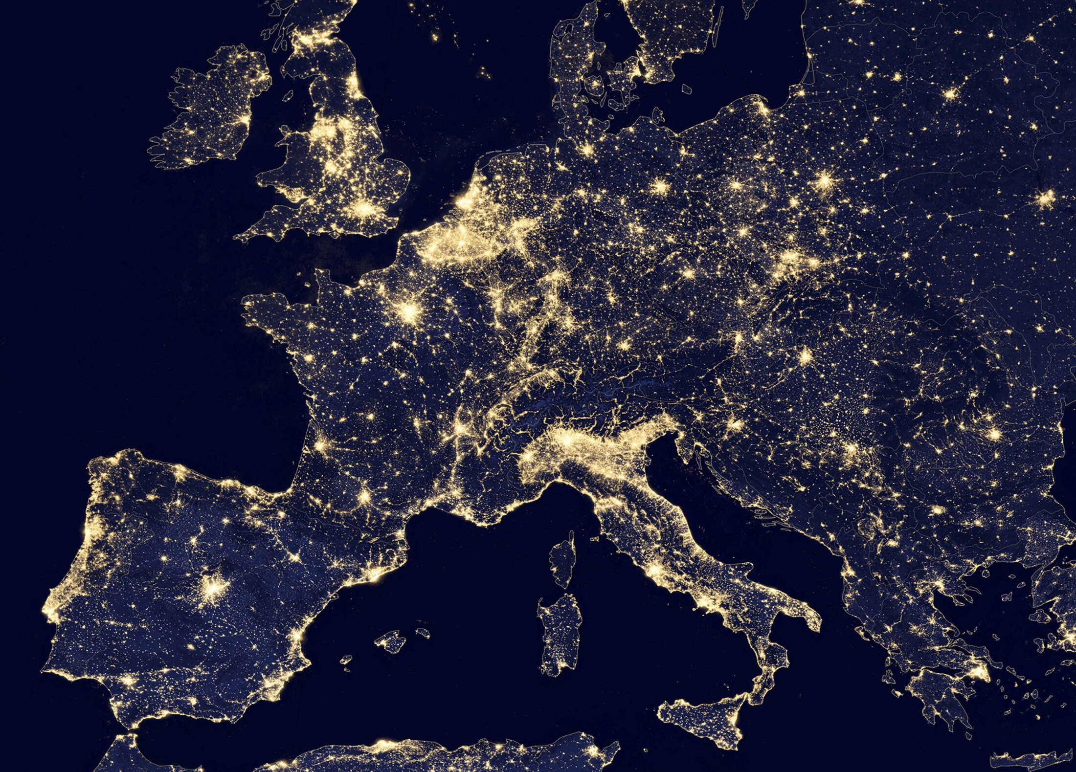 A nighttime view of Europe made possible by the ?day-night band? of the Visible Infrared Imaging Radiometer Suite (VIIRS) is seen in a global composite assembled from data acquired by the Suomi National Polar-orbiting Partnership (Suomi NPP) satellite in 2012 and released by NASA October 2, 2014 .  The VIIRS detects light in a range of wavelengths from green to near-infrared and uses filtering techniques to observe dim signals such as city lights, wildfires, and gas flares.   REUTERS/NASA/Handout  (UNITED STATES - Tags: ENVIRONMENT ENERGY SCIENCE TECHNOLOGY) FOR EDITORIAL USE ONLY. NOT FOR SALE FOR MARKETING OR ADVERTISING CAMPAIGNS