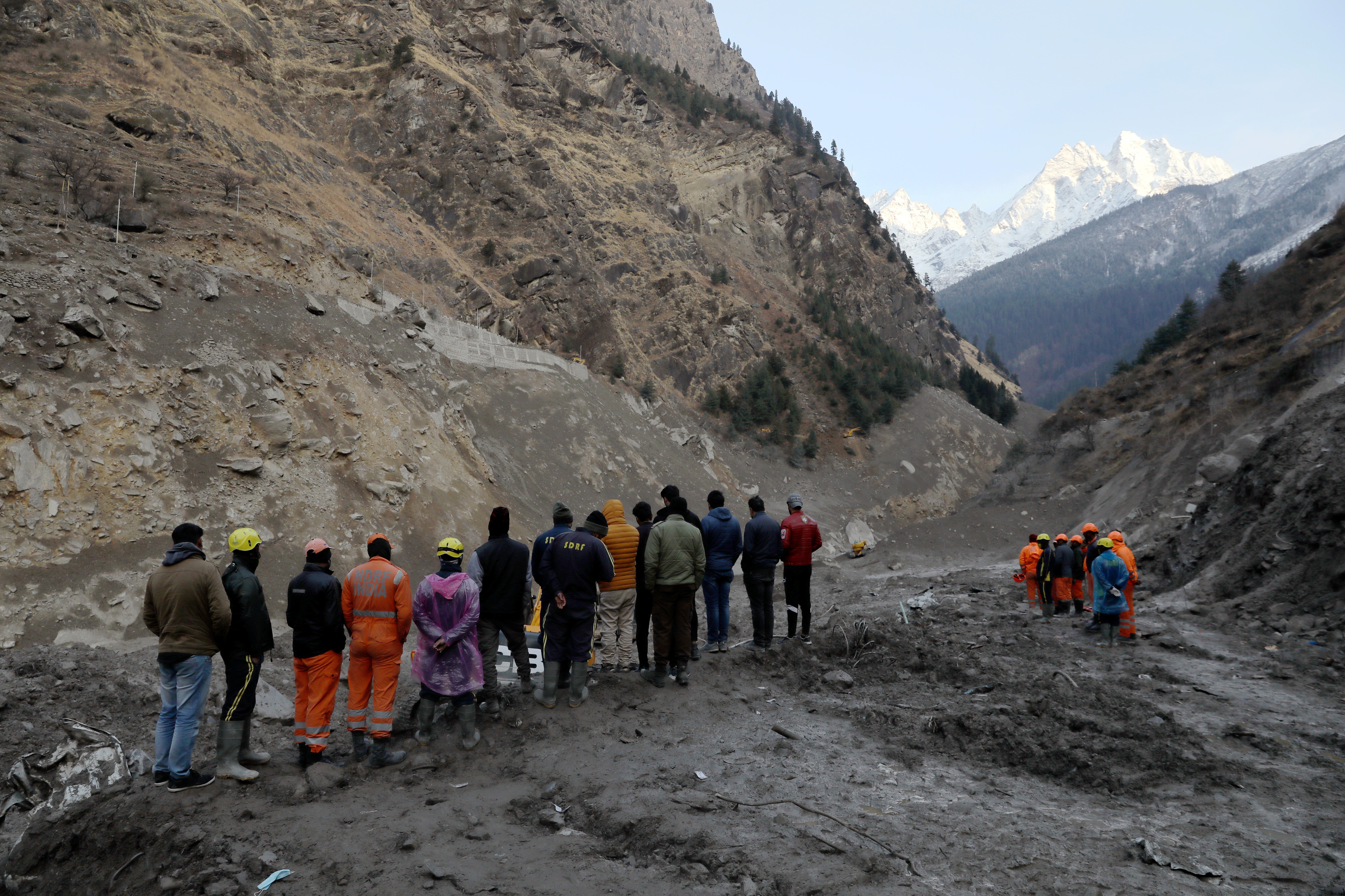 A rescue and relief operation at the site of a destroyed hydroelectric power station after a flash flood caused by a glacier break-off swept down a mountain valley destroying dams and bridges, in Raini village in the northern state of Uttarakhand, India, February 10, 2021. REUTERS/Anshree Fadnavis