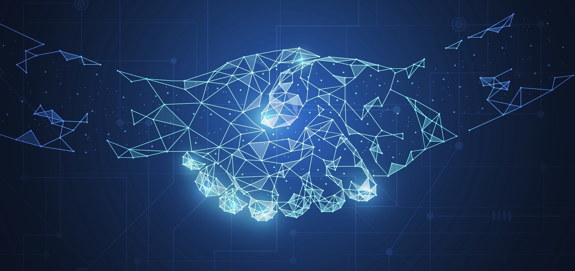 Stablecoins: Business concept handshake. Abstract mesh and points and lines technology connection on white background.