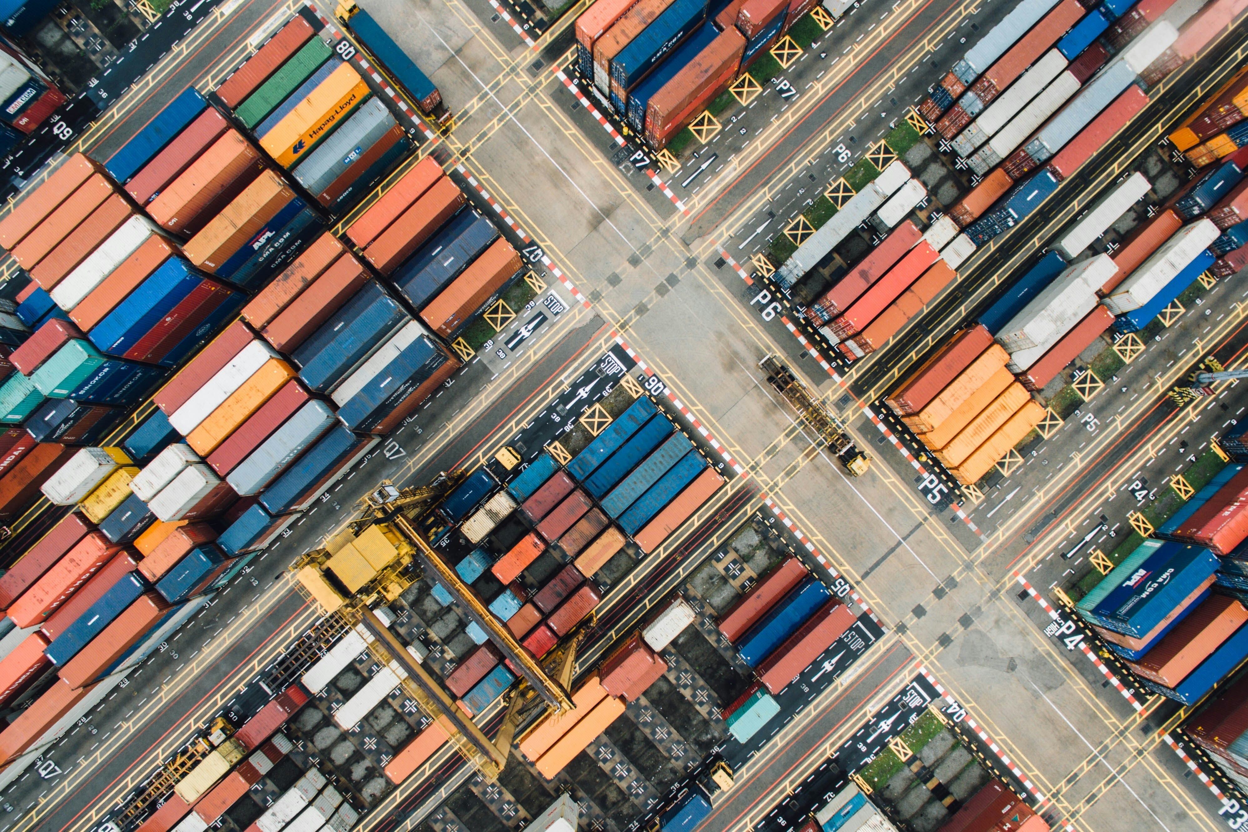 Aerial view of shipping container yard.