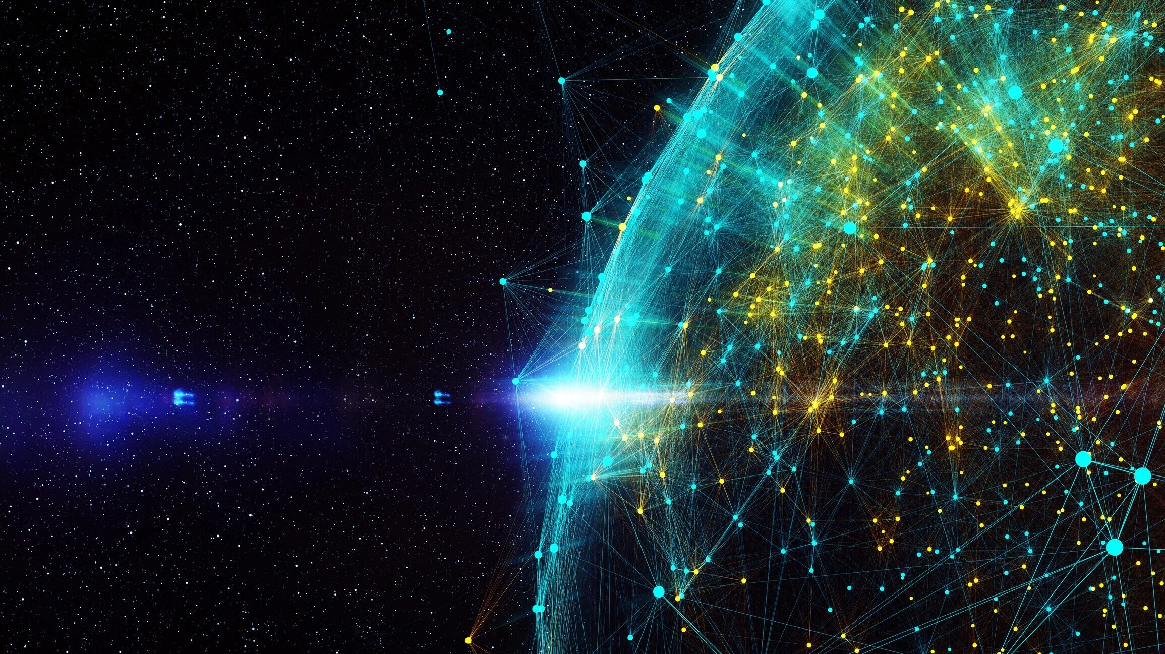 Concepto de red de cadena de bloques, comunicaciones globales mediante tecnología de registro distribuido, fondo compuesto por líneas de color, círculos y partículas. Gobernanza de la IA.