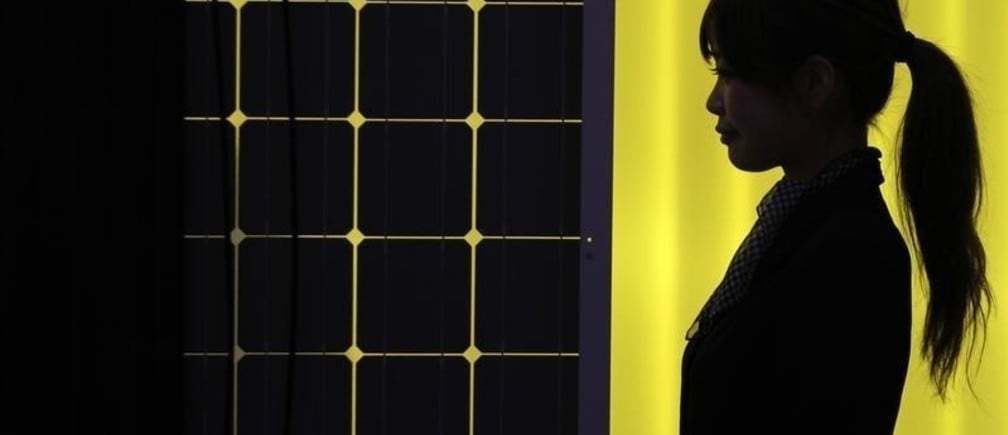 A woman is silhouetted next to a solar panel display by solar module supplier Upsolar at the fourth International Photovoltaic Power Generation (PV) Expo in Tokyo March 2, 2011. More than 600 companies in the solar energy business from 18 countries are taking part in the March 2-4 expo, which showcases firms and products related to photovoltaic power generation, according to the organiser. REUTERS/Yuriko Nakao (JAPAN - Tags: BUSINESS SCI TECH ENVIRONMENT) - RTR2JBUQ