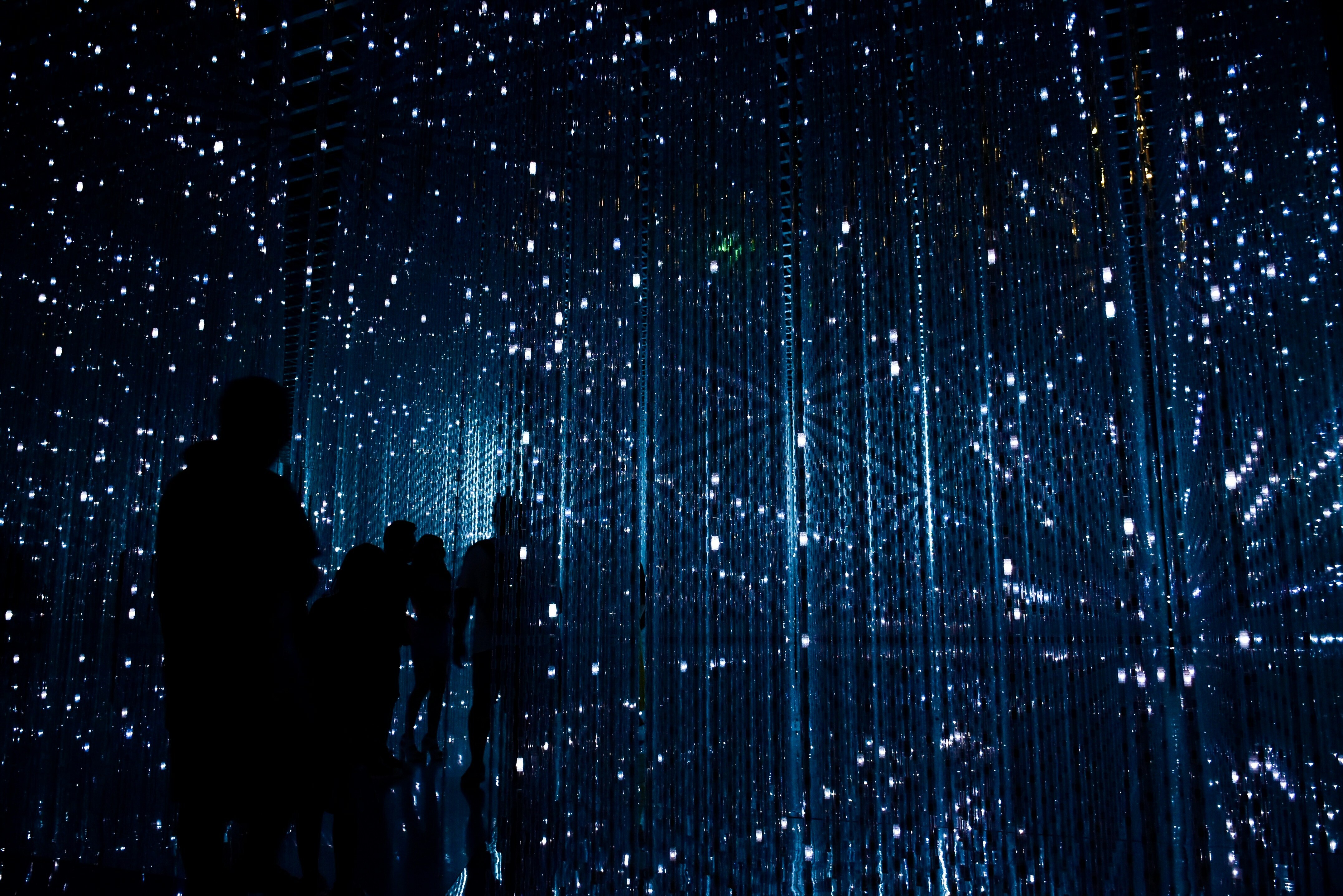 Outlines of people stand in a dark space, with vertical lights representing lines of code and technology.