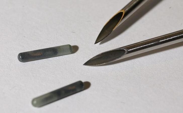 Tiny radio frequency identification (RFID) computer chips with the needles used to implant them under the skin are pictured in New York January 4, 2006. Forgetting computer passwords is an everyday source of frustration, but a solution may literally be at hand -- in the form of computer chip implants. Technology enthusiasts have purchased RFID devices and inserted them under their own skin while researching and developing computer applications. Picture taken January 4, 2006. REUTERS/Chip East