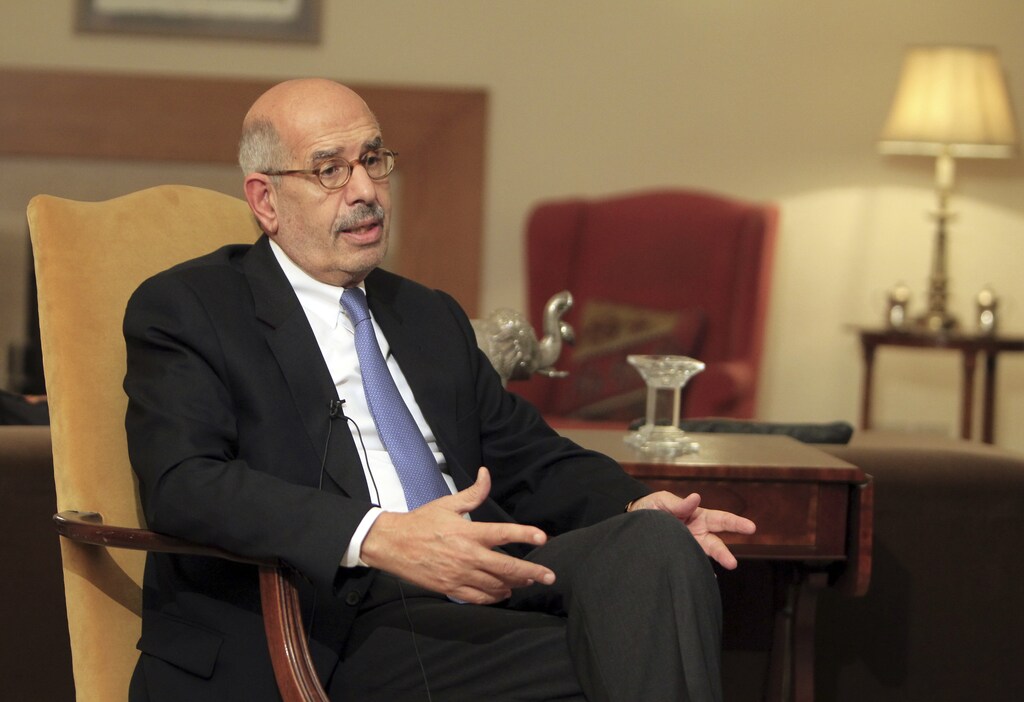 National reformist campaigner, and previous leader of the International Atomic Energy Agency, Mohamed El-Baradei speaks during an interview in his Cairo home November 24, 2012. Prominent opposition leader ElBaradei said on Saturday there could be no dialogue with Egypt's president until he scrapped a "dictatorial" decree that he said gave the Islamist leader Mohamed Mursi the powers of a pharaoh. REUTERS/Mohamed Abd El Ghany (EGYPT - Tags: POLITICS) - GM1E8BP0ERX01