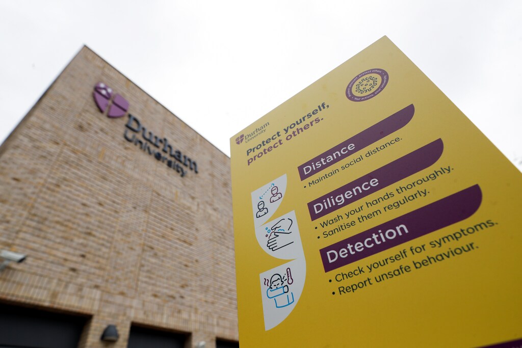 A sign is pictured at Durham University, ahead of students' return to universities in coming weeks amid the coronavirus disease.