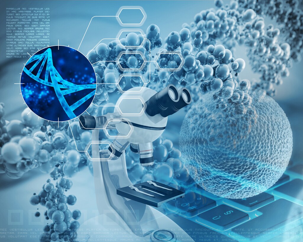 microscope, dna double helix and human cell: synthetic biology