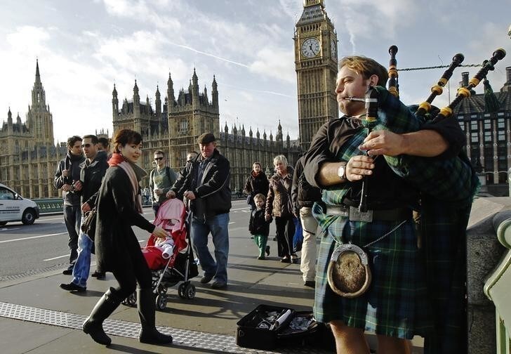 A busker plays bagpipes for tourists near the Houses of Parliament in London January 12, 2012. A row between the British government in London and the SNP has escalated sharply in recent days, after British Prime Minister David Cameron on Sunday outlined a plan to bring forward the referendum, and restrict the questions asked. Luke MacGregor (BRITAIN - Tags: POLITICS CITYSPACE)