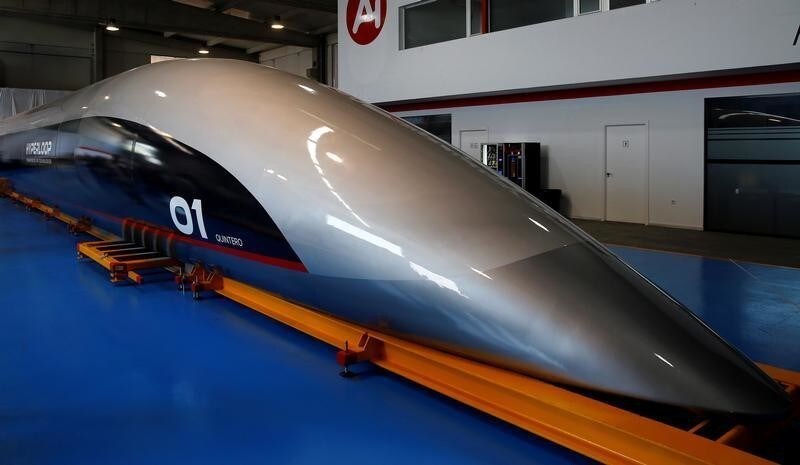 The front of the world's first full-scale passenger Hyperloop capsule is seen during its presentation in El Puerto de Santa Maria, Spain, October 2, 2018. REUTERS/Marcelo del Pozo - RC17792CC3F0