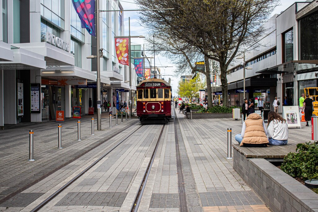 A tram in the centre of Ōtautahi Christchurch, New Zealand.