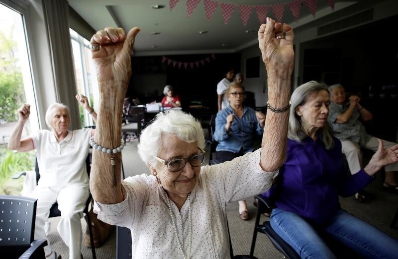 Elderly women take part in an exercise class in the Verdeza building complex for seniors, in San Jose, Costa Rica October 15, 2018. REUTERS/Juan Carlos Ulate - RC126F006AE0