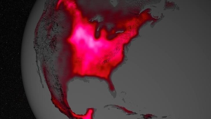 A red glow representing fluorescence measured from land plants in the U.S. Corn Belt in early July, over a period from 2007 to 2011, is seen in this undated NASA handout visualization released March 31, 2014. Data from satellite sensors show that during the Northern Hemisphere's growing season, the Midwest region of the United States boasts more photosynthetic activity than any other spot on Earth, according to NASA and university scientists. REUTERS/NASA/Goddard Space Flight Center/Handout via Reuters (UNITED STATES - Tags: SCIENCE TECHNOLOGY AGRICULTURE) ATTENTION EDITORS - THIS PICTURE WAS PROVIDED BY A THIRD PARTY. REUTERS IS UNABLE TO INDEPENDENTLY VERIFY THE AUTHENTICITY, CONTENT, LOCATION OR DATE OF THIS IMAGE. THIS PICTURE IS DISTRIBUTED EXACTLY AS RECEIVED BY REUTERS, AS A SERVICE TO CLIENTS. EDITORIAL USE ONLY. NOT FOR SALE FOR MARKETING OR ADVERTISING CAMPAIGNS