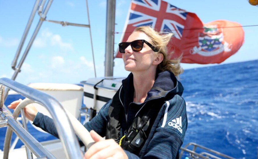 Emily Penn, mission director of eXXpedition Round the World, is seen at the helm during the organisation’s North Pacific voyage in June 2018.