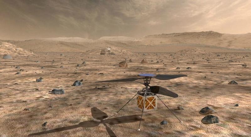 NASA's Mars Helicopter, a small, autonomous rotorcraft, which will travel with the agency's Mars 2020 rover, currently scheduled to launch in July 2020, to demonstrate the viability and potential of heavier-than-air vehicles on the Red Planet, is shown in this artist rendition from NASA/JPL in Pasadena, California, U.S. May 11, 2018.