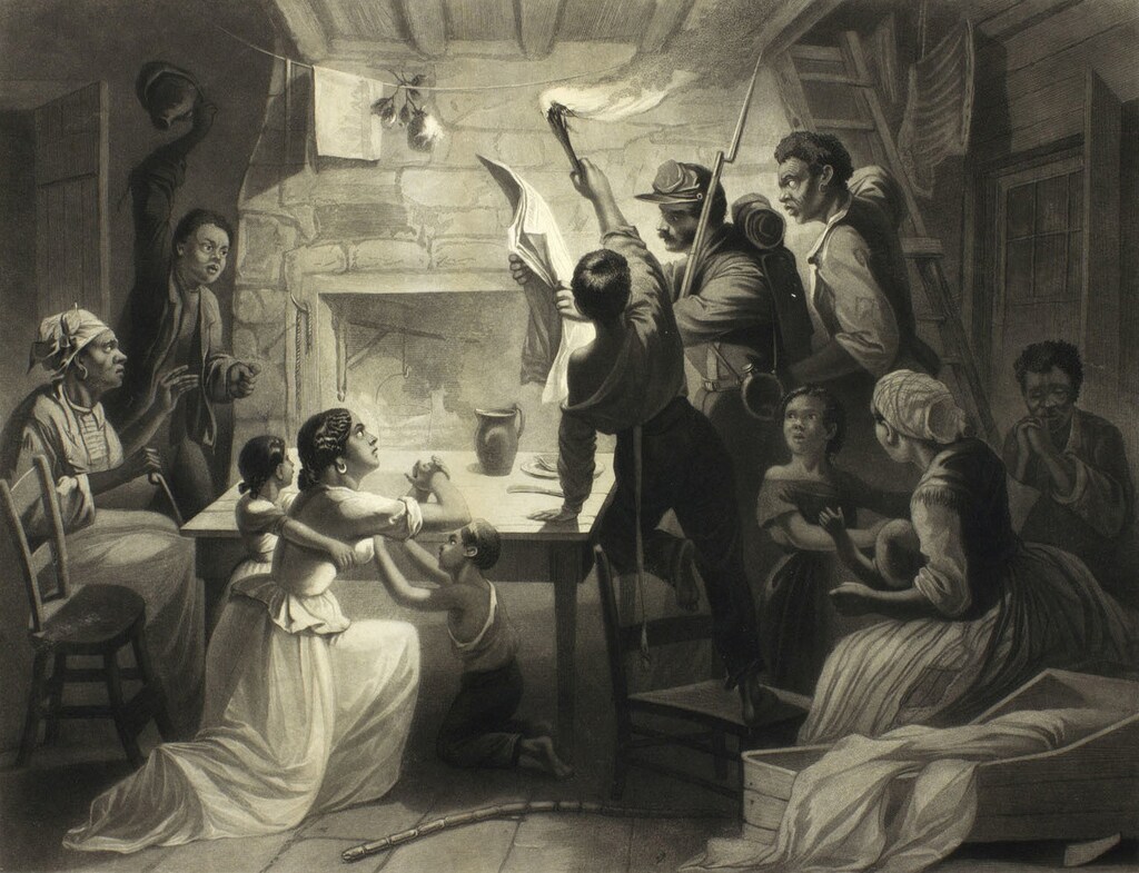 An illustration depicting a white Union soldier reading the Emancipation Proclamation to an enslaved family in their cabin, in an engraving by James W. Watts and modeled after a Henry Walker Herrick painting circa 1864. James W. Watts/Henry Walker Herrick/Library Company of Philadelphia via REUTERS THIS IMAGE HAS BEEN SUPPLIED BY A THIRD PARTY. IT IS DISTRIBUTED, EXACTLY AS RECEIVED BY REUTERS, AS A SERVICE TO CLIENTS - RC22BH9LHY2L