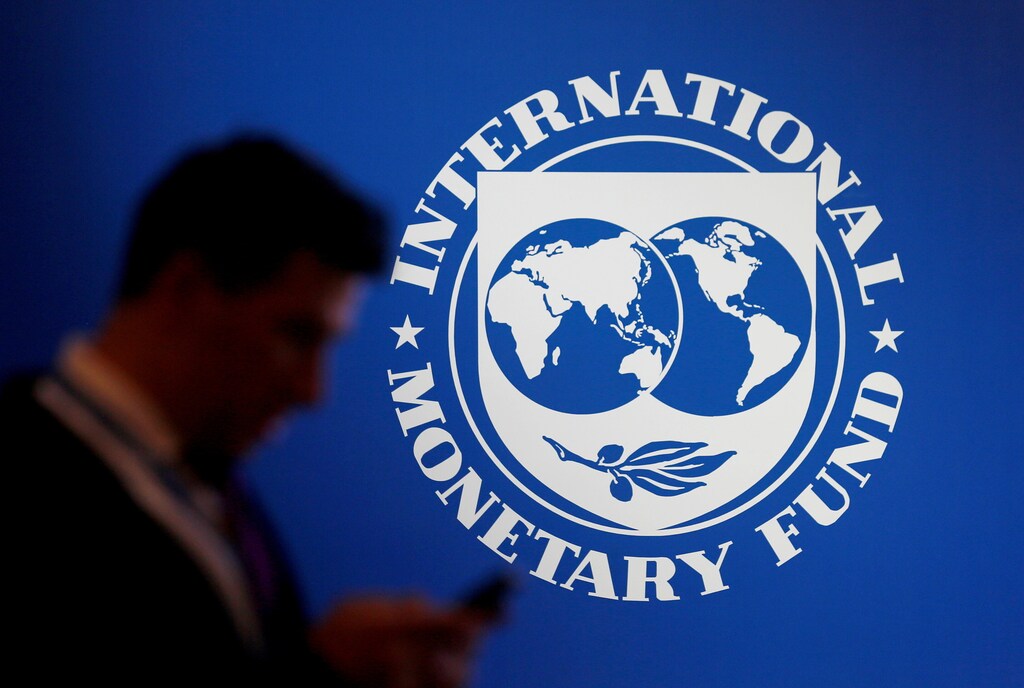 The International Monetary Fund (IMF) logo at a meeting in 2018.