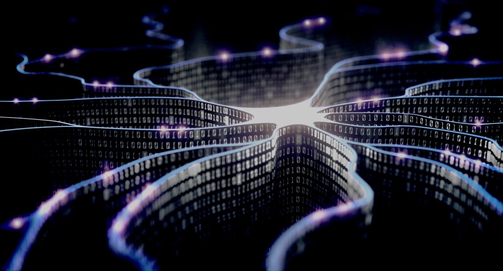 Artificial neuron in concept of artificial intelligence. Wall-shaped binary codes make transmission lines of pulses and/or information in an analogy to a microchip. Neural network and data transmission. physical AI