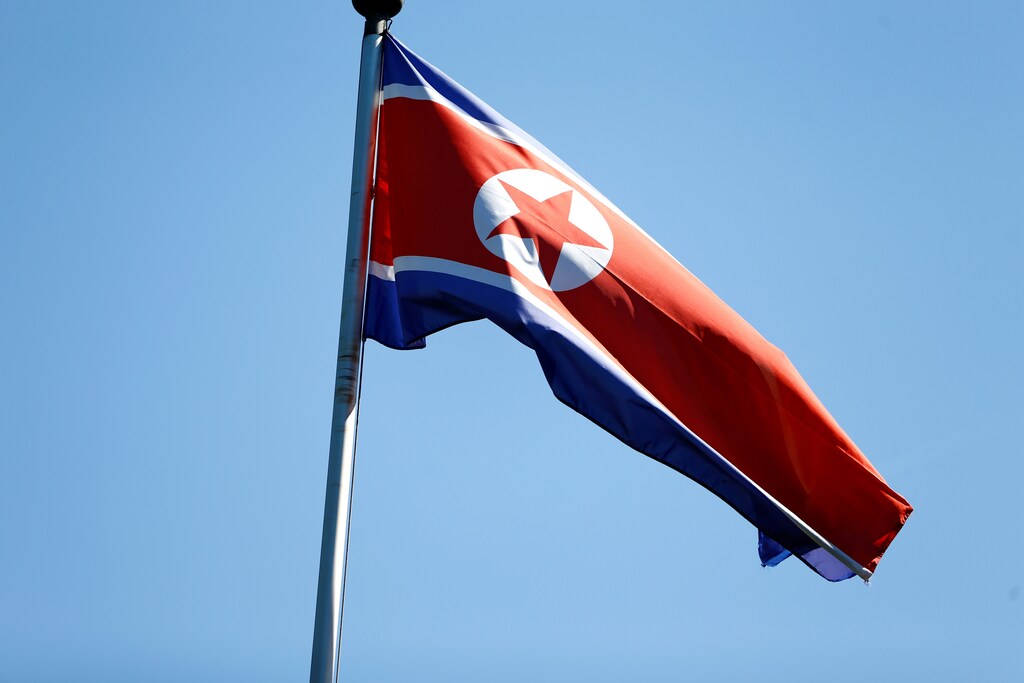 The flag of North Korea is seen in Geneva, Switzerland, June 20, 2017.
