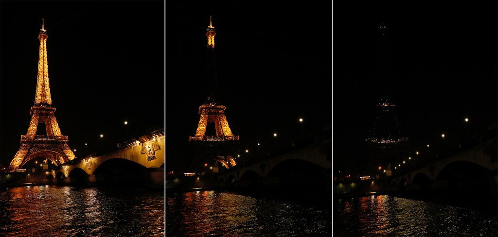 A combo picture shows the Eiffel Tower before (L) and during Earth Hour in Paris, France, March 25, 2017 at which lights are switched off around the world at 8:30 p.m. on Saturday evening to mark the 10th annual Earth Hour and to draw attention to climate change. REUTERS/Philippe Wojazer - RTX32PTQ