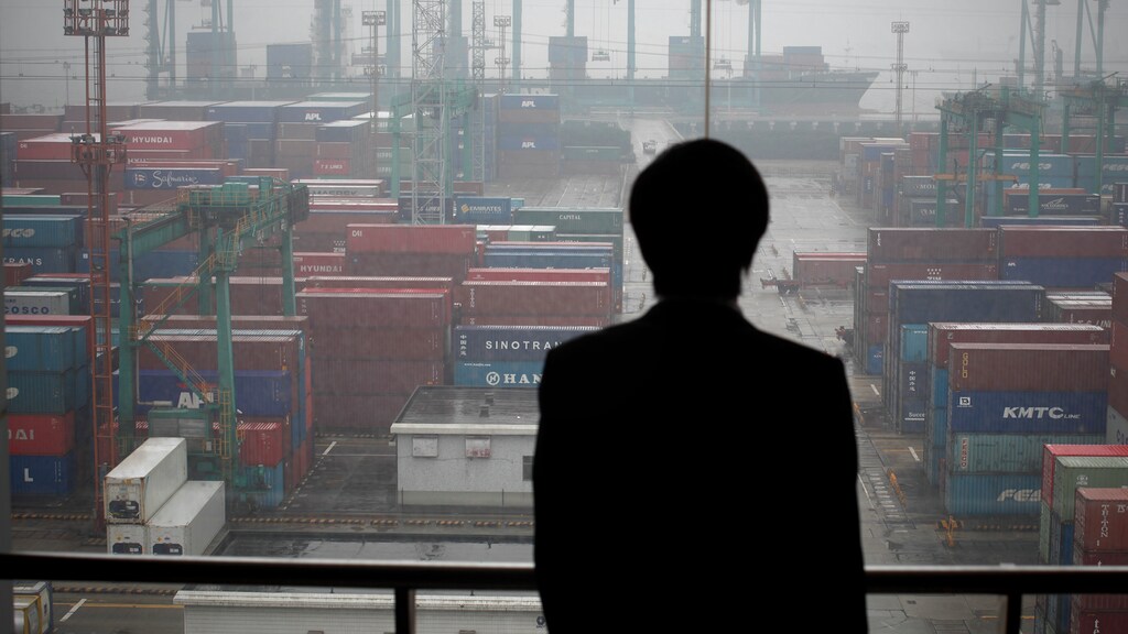 Esta foto muestra a una persona mirando hacia un puerto.