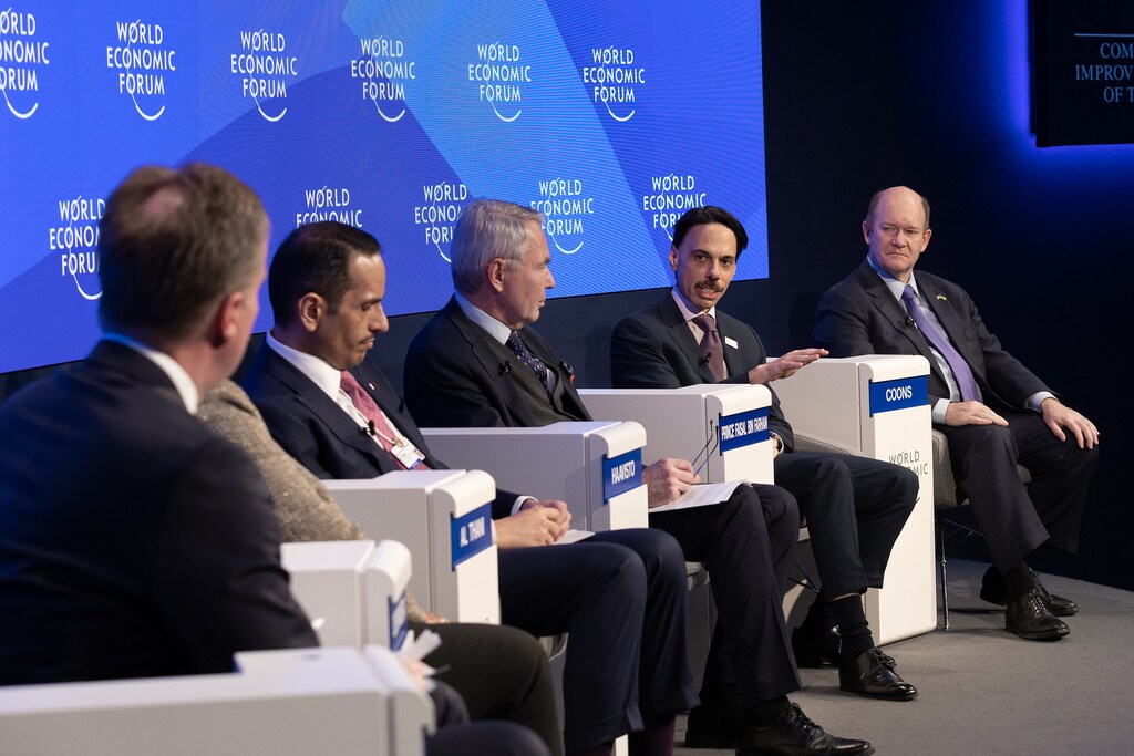 Speaking at Davos 2023 Annual Meeting session titled Keeping the Lights on amid Geopolitical Fractures (From left to right): Børge Brende, President, World Economic Forum; Kristalina Georgieva, Managing Director, International Monetary Fund (IMF); Mohammed Bin Abdulrahman Al Thani, Deputy Prime Minister and Minister of Foreign Affairs of Qatar; Pekka Haavisto, Minister for Foreign Affairs of Finland; H.H. Prince Faisal bin Farhan Al Saud, Minister of Foreign Affairs of Saudi Arabia; and Christopher A. Coons, Senator from Delaware (D), USA.