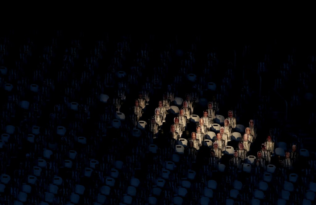Soccer Football - Brasileiro Championship - Botafogo v Internacional - Nilton Santos Stadium, Rio de Janeiro, Brazil - August 29, 2020 Cut outs of fans in the stands during the match, following the resumption of play behind closed doors after the outbreak of the coronavirus disease (COVID-19) REUTERS/Ricardo Moraes TPX IMAGES OF THE DAY - HP1EG8T1KKO0I