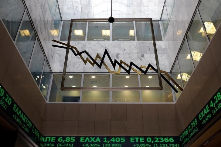 A stock ticker shows stock options at the lobby of the Athens stock exchange building in Athens, Greece, August 20, 2018. REUTERS/Alkis Konstantinidis