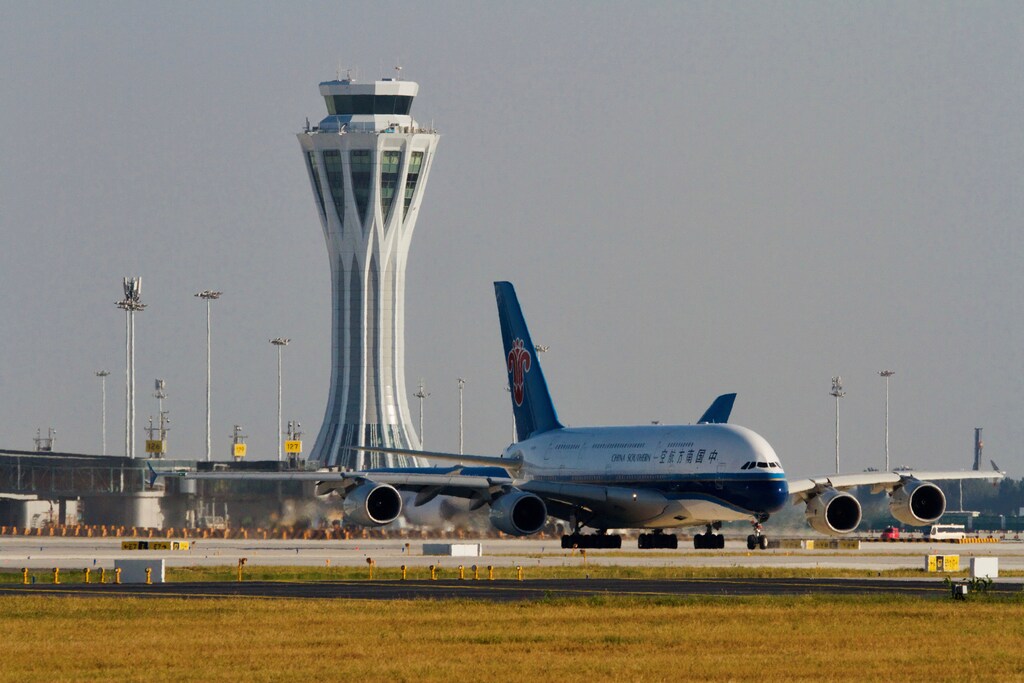 A China Southern Airlines Airbus A380 plane to Guangzhou is seen on tarmac before taking off from the newly launched Daxing International airport in Beijing, China September 25, 2019. REUTERS/Stringer ATTENTION EDITORS - THIS IMAGE WAS PROVIDED BY A THIRD PARTY. CHINA OUT. - RC11155044E0