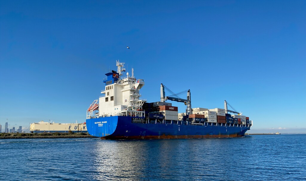 Container ship at a port.