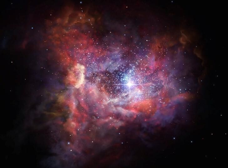 An artist's impression released March 8, 2017 shows what the very distant young galaxy A2744_YD4 might look like. Observations using Atacama Large Millimeter/submillimeter Array (ALMA) have shown that this galaxy, seen when the Universe was just 4% of its current age, is rich in dust. Such dust was produced by an earlier generation of stars and these observations provide insights into the birth and explosive deaths of the very first stars in the Universe. The ALMA observations also detected the glowing emission of ionised oxygen from A2744_YD4. This is the most distant, and hence earliest, detection of oxygen in the Universe.