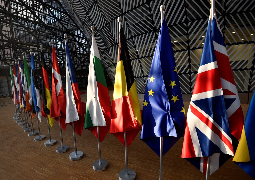 EU member states national flags are seen in the EU Council buildings in Brussels, Belgium, March 21, 2019. REUTERS/Toby Melville - RC15D21B9670