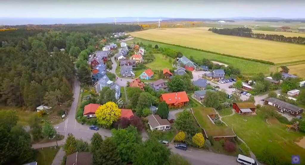 An aerial view of Findhorn ecovillage in Scotland