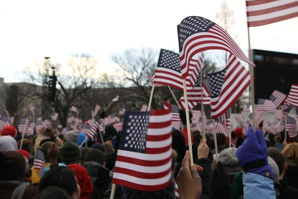 American citizens flying American flags
