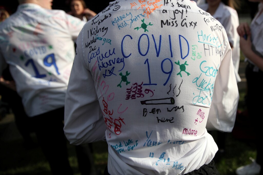 A child's shirt is pictured at a school in Newcastle-under-Lyme as the majority of schools in the UK close while the spread of the coronavirus disease (COVID-19) continues. Newcastle-under-Lyme, London, Britain March 20, 2020 Coronavirus china virus health healthcare who world health organization disease deaths pandemic epidemic worries concerns Health virus contagious contagion viruses diseases disease lab laboratory doctor health dr nurse medical medicine drugs vaccines vaccinations inoculations technology testing test medicinal biotechnology biotech biology chemistry physics microscope research influenza flu cold common cold bug risk symptomes respiratory china iran italy europe asia america south america north washing hands wash hands coughs sneezes spread spreading precaution precautions health warning covid 19 cov SARS 2019ncov wuhan sarscow wuhanpneumonia pneumonia outbreak patients unhealthy fatality mortality elderly old elder age serious death deathly deadly