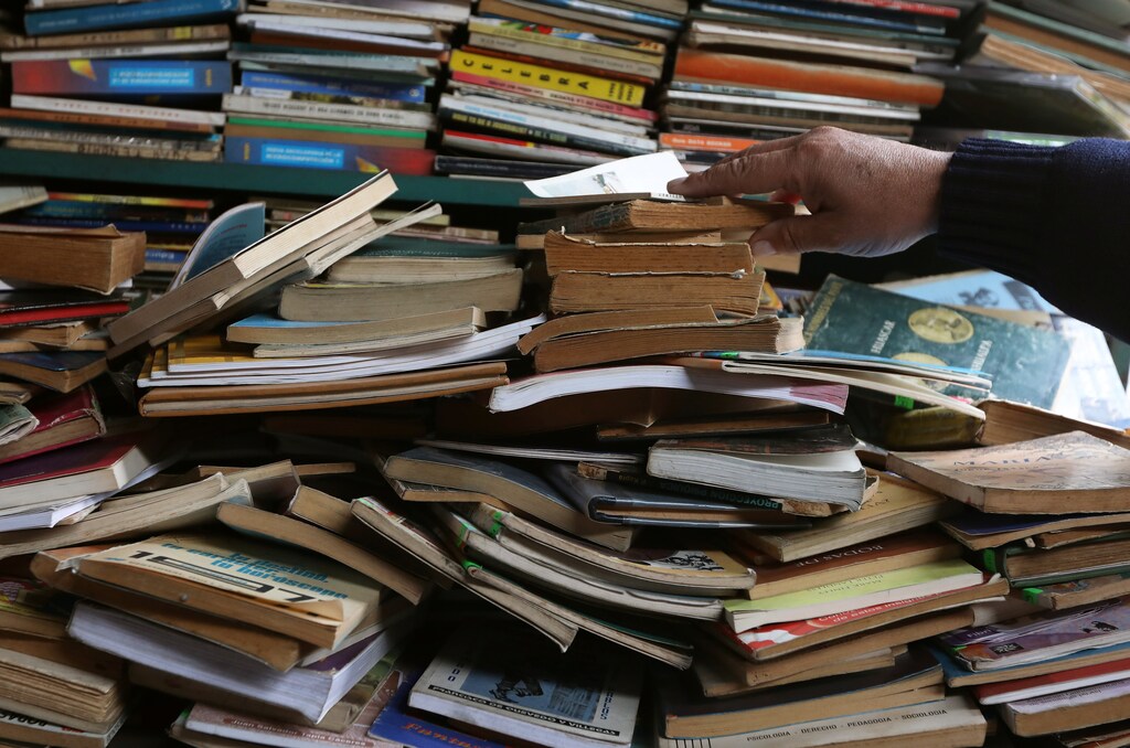 A man browses through books at a second-hand book market in Lima, Peru September 13, 2018. REUTERS/Mariana Bazo - RC15E8DED1A0