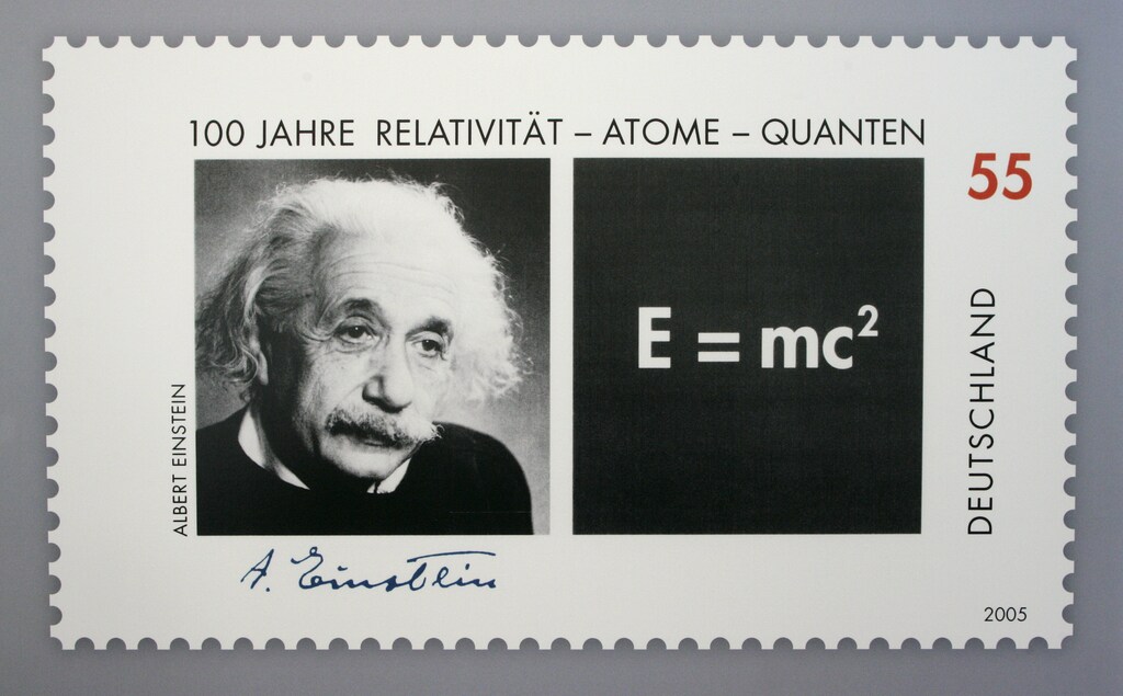 Picture shows a German 55 euro cents special edition stamp commemorating the the 100th anniversary of the publication of late German-born physicist Einstein's Theory of Relativity in Berlin. Picture shows a German 55 euro cents special edition stamp commemorating the the 100th anniversary of the publication of late German-born physicist Albert Einstein's Theory of Relativity in Berlin June 15, 2005. The stamp will be available in July 2005. REUTERS/Arnd Wiegmann - RP6DRMSIDYAA