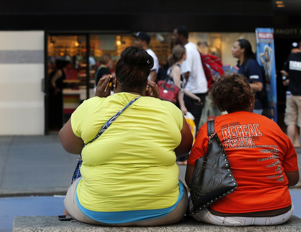 Women sit on a bench in New York's Times Square May 31, 2012. REUTERS/Brendan McDermid (UNITED STATES - Tags: SOCIETY)