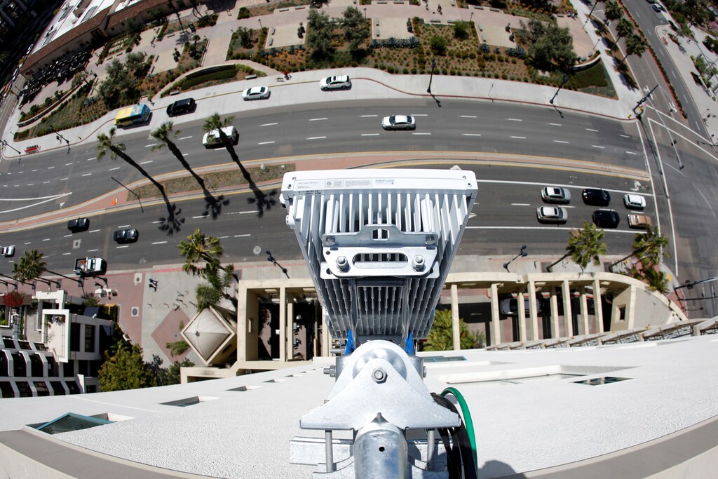 A newly installed 5G antenna system made by Ericsson for the AT&T's 5G wireless network is shown high atop a building in downtown San Diego, California, U.S., April 23, 2019. Picture taken with a fish eye lens.