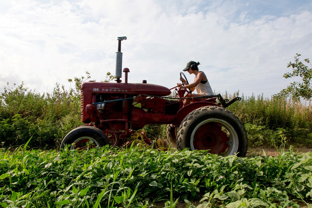 REFILE - CORRECTING ID Farmer Isabel Milligan drives a tractor as she weeds and transplants crops on the farm in Amagansett, New York, U.S., July 11, 2019. Picture taken July 11, 2019. REUTERS/Lindsay Morris - RC133B58B430