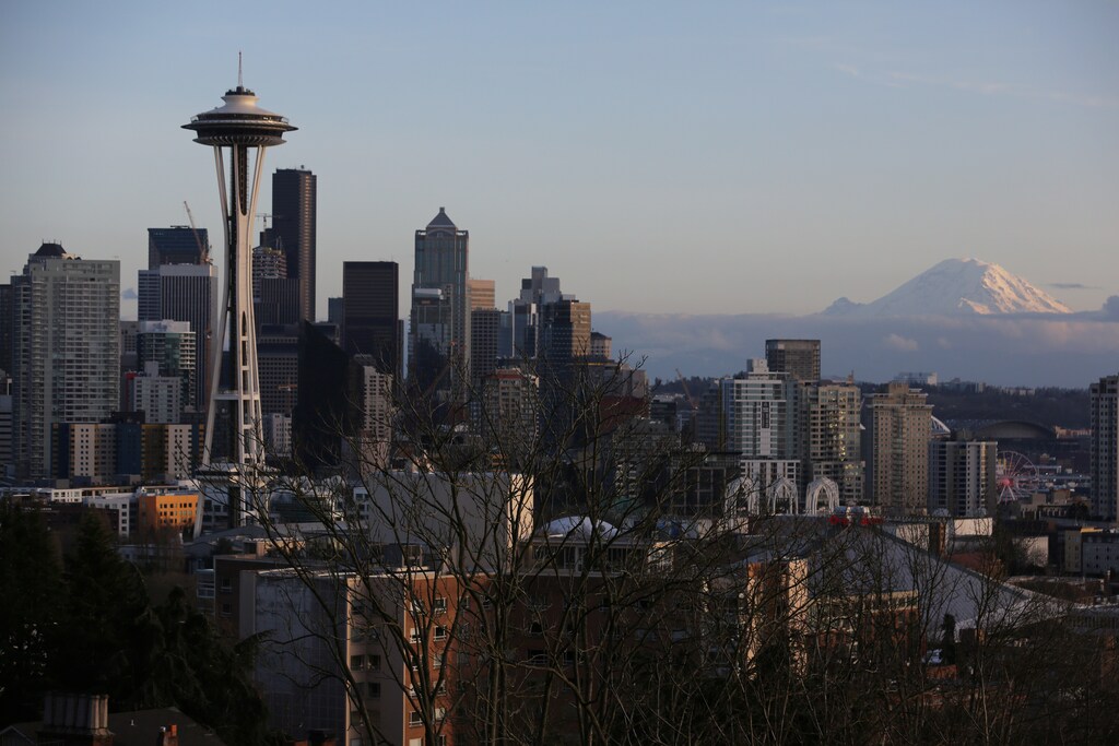 The Space Needle and Mount Rainier are seen on the skyline of Seattle, Washington, U.S. February 11, 2017. REUTERS/Chris Helgren - RC1C3F43DC80