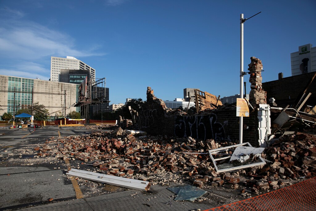 the remains of a destroyed building are seen after Hurricane Ida made landfall in Louisiana, U.S.