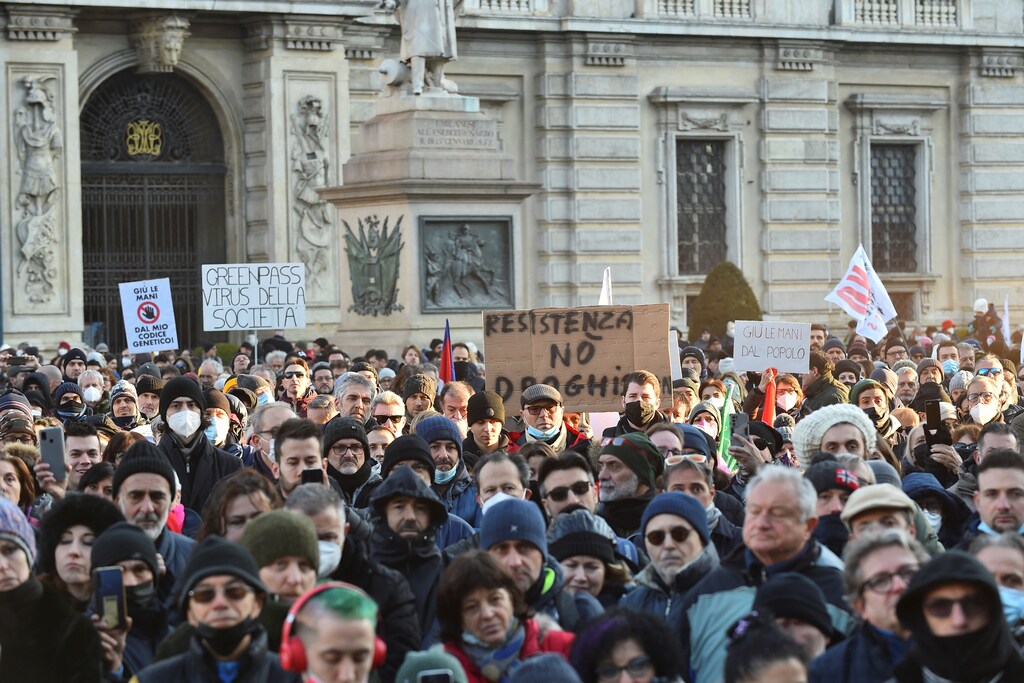 Italians gather to protest against mandatory vaccinations for people over 50 and stricter rules for the unvaccinated who, under the new regulations, will not be able to do a variety of activities including using public transport and sitting at restaurants, in Turin, Italy, January 8, 2022.
