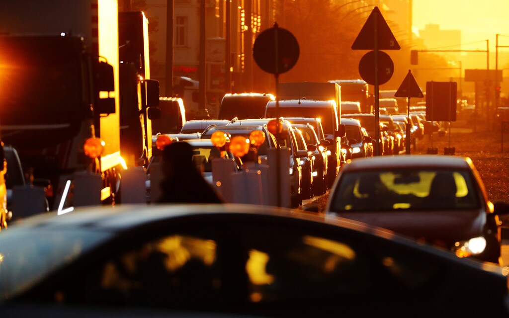 Cars are pictured in a traffic jam as activists and supporters of the group Extinction Rebellion attend a bicycle parade in a first wave of "civil disobedience" in Berlin, Germany, October 7, 2019.