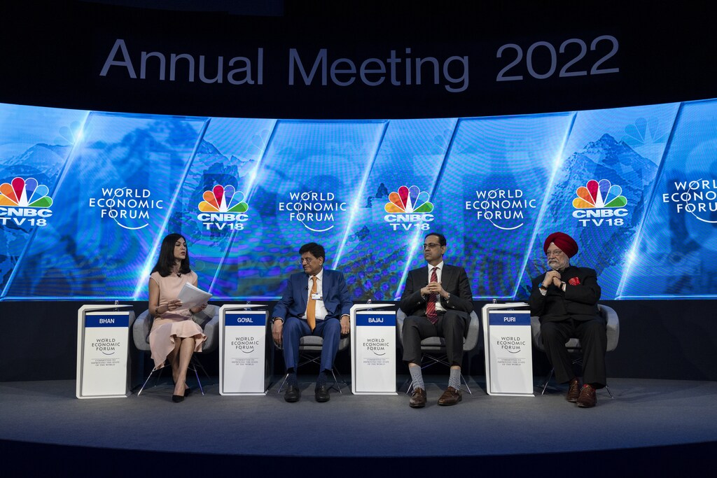 Davos 2022: Shereen Bhan, Managing Editor, CNBC-TV18, India, Piyush Goyal, Minister of Commerce and Industry; Minister of Consumer Affairs, Food and Public Distribution; Minister of Textiles; Prime Minister's G20 Sherpa of India, Sanjiv Bajaj, Chairman and Managing Director, Bajaj Finserv, India and Hardeep Singh Puri, Minister of Petroleum and Natural Gas and Minister of Housing and Urban Affairs of India in the India at 75: Strategic Outlook session at the World Economic Forum Annual Meeting