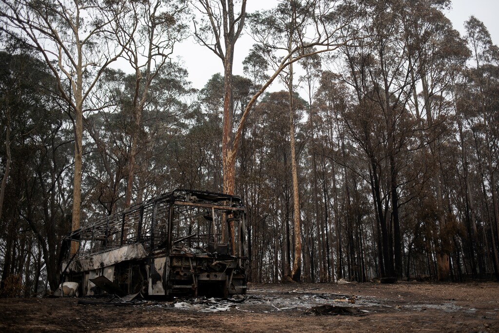 A destroyed bus is seen next to burnt bushland in the village of Mogo, Australia, January 8, 2020. REUTERS/Alkis Konstantinidis TPX IMAGES OF THE DAY - RC2HBE9RX45S