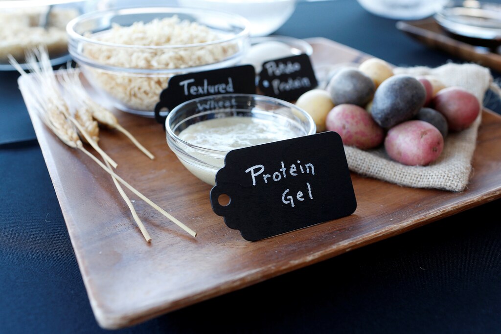 Ingredients for plant-based hamburgers, including a protein gel, are on display during a media tour of Impossible Foods labs and processing plant in Redwood City, California, U.S. October 6, 2016. Picture taken October 6, 2016. REUTERS/Beck Diefenbach - RTSS2US