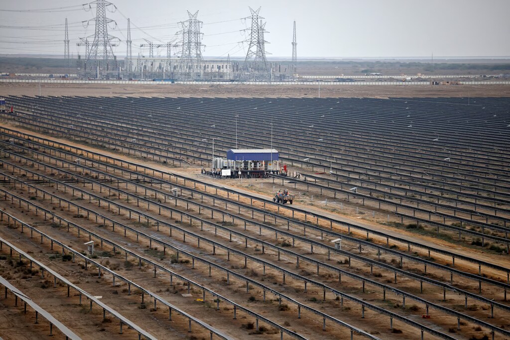 Solar panel installation at the Khavda Renewable Energy Park of Adani Green Energy, Gujarat, India.
