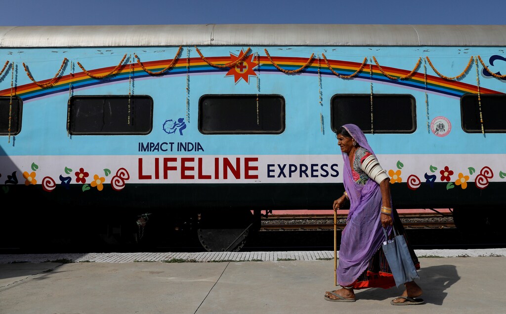 The Lifeline Express, a hospital built inside a seven-coach train, parked at a railway station in Jalore, India